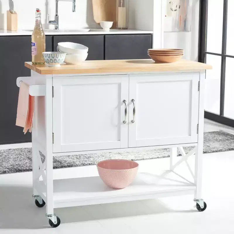 Kesler 2 Door 1 Shelf Kitchen Cart - KCH8705 - White/Natural - Safavieh