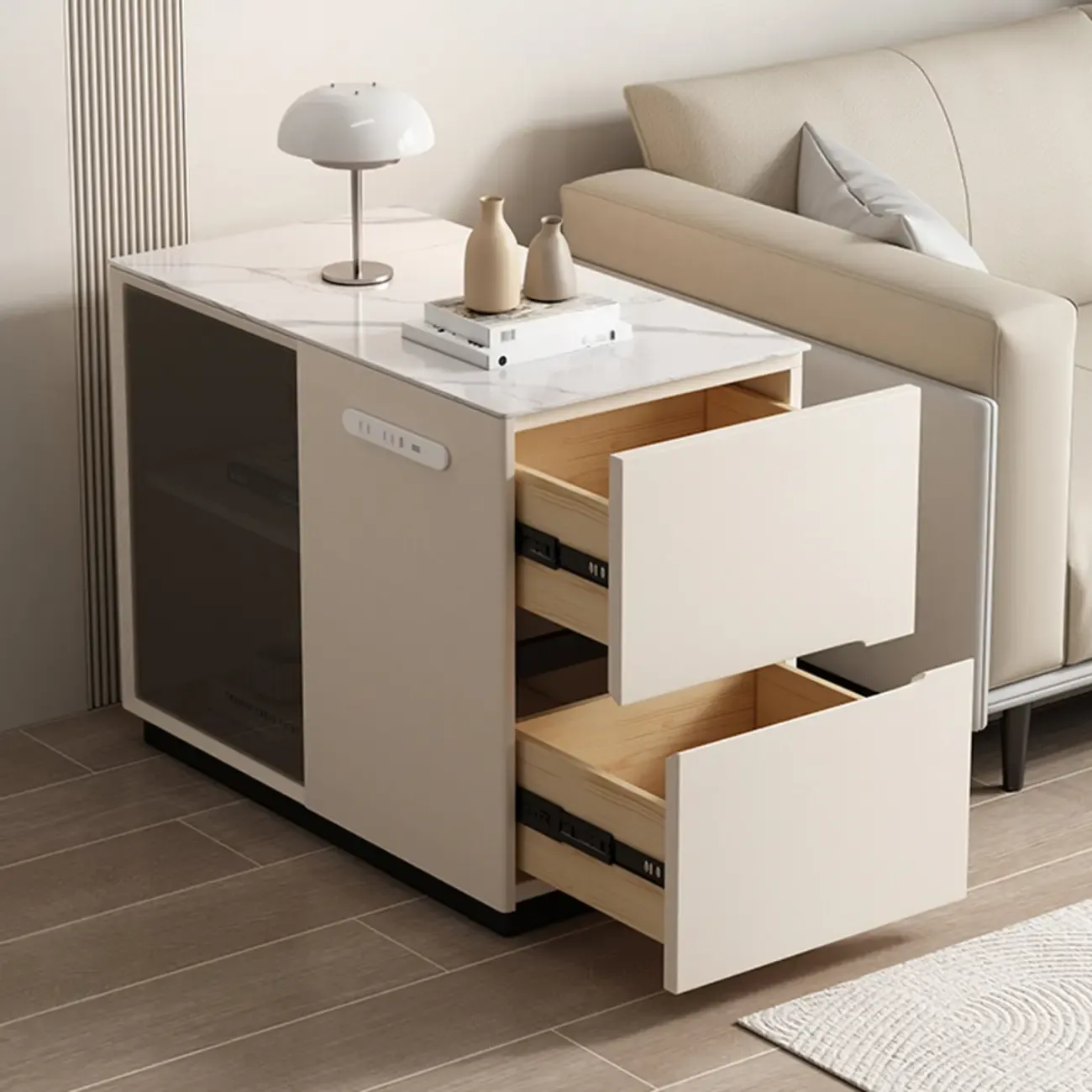Mobile Rectangular Plastic Top End Table with Storage Drawers