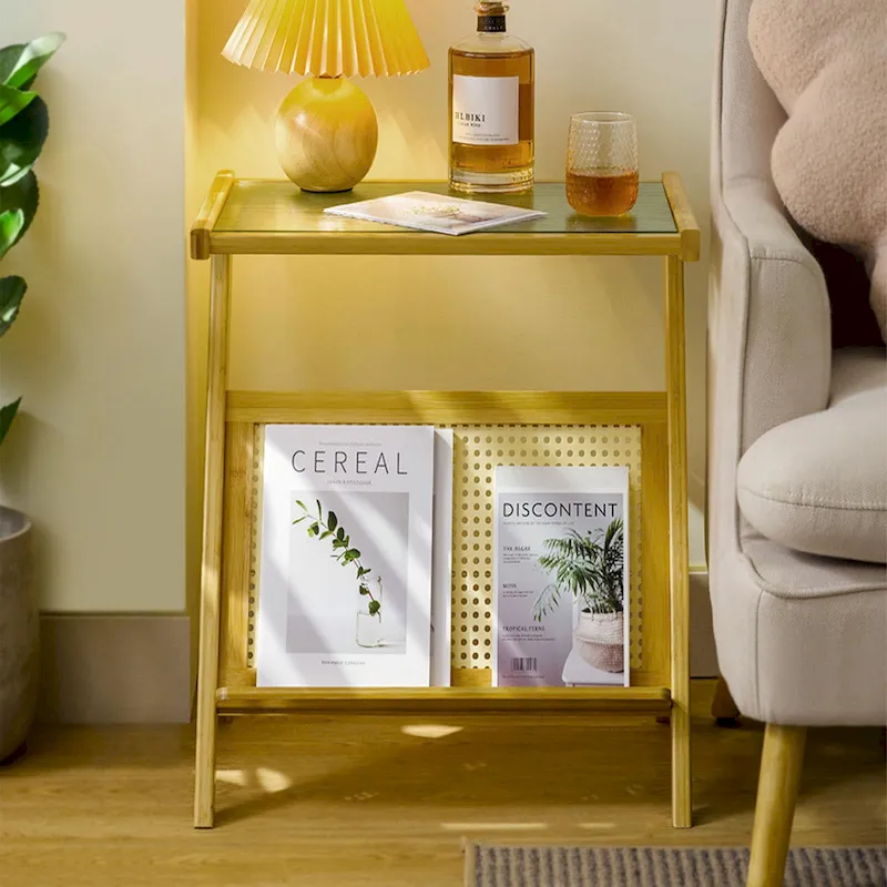 Bamboo Glass Top Side Table Accent End Table with Magazine Rack