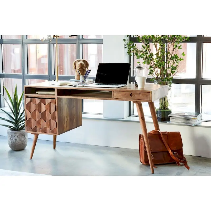 Natural Brown / White / Light Oak Mid-Century Modern Writing Desk, Single, Wood & Metal