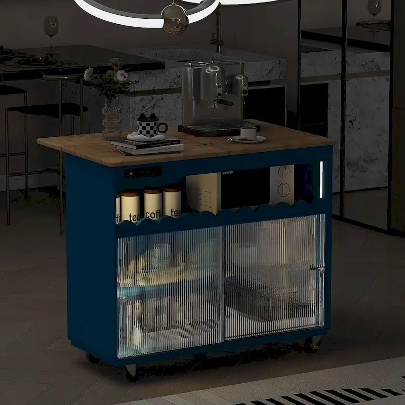 Multi-Functional Kitchen Island Cart with Drop Leaf, LED Light, and Power Outlets