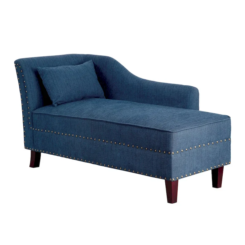 Dark Teal / Grey / Beige Linen Fabric Chaise Lounge with Nailhead Trim – Transitional Style, Seats 1