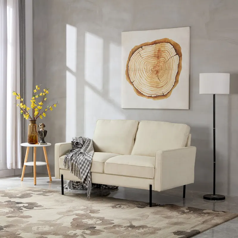 Snowhill 57W Modern Linen Loveseat, 2-Seater, Matte Black Metal Legs