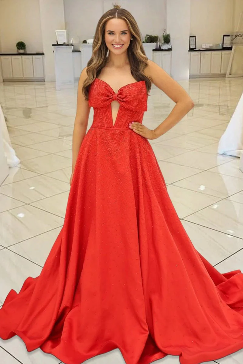 Navy Blue Strapless Satin Beaded A Line Long Prom Dresses With Bow