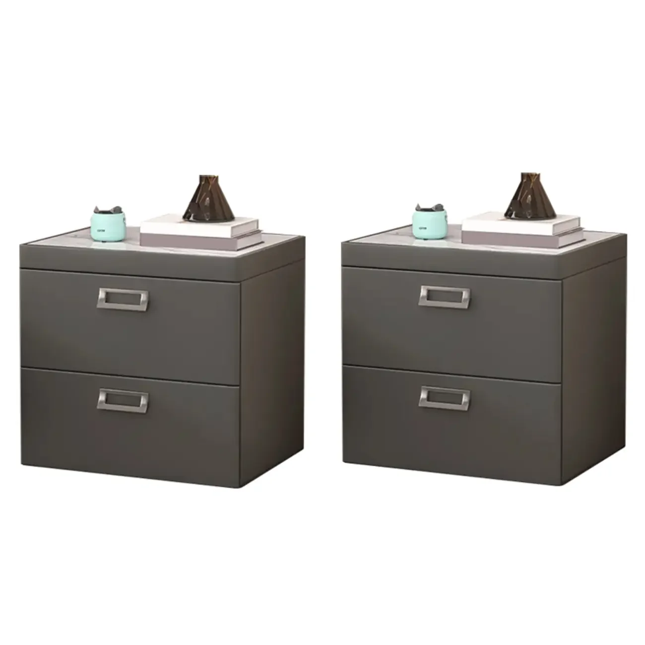 Modern Faux Leather 2 Drawers Nightstand with Stone Top