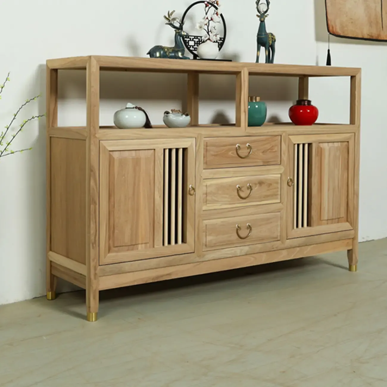 Natural Finish Wood 2-Shelf Sideboard with Drawers