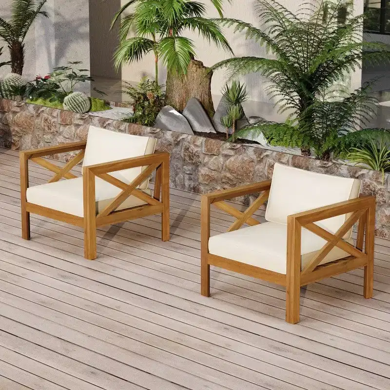 TUYOHW Acacia Wood Club Chairs Set of 2,Teak Finish Outdoor Accent Chair with Water-Resistant Cushions,400lb Capacity