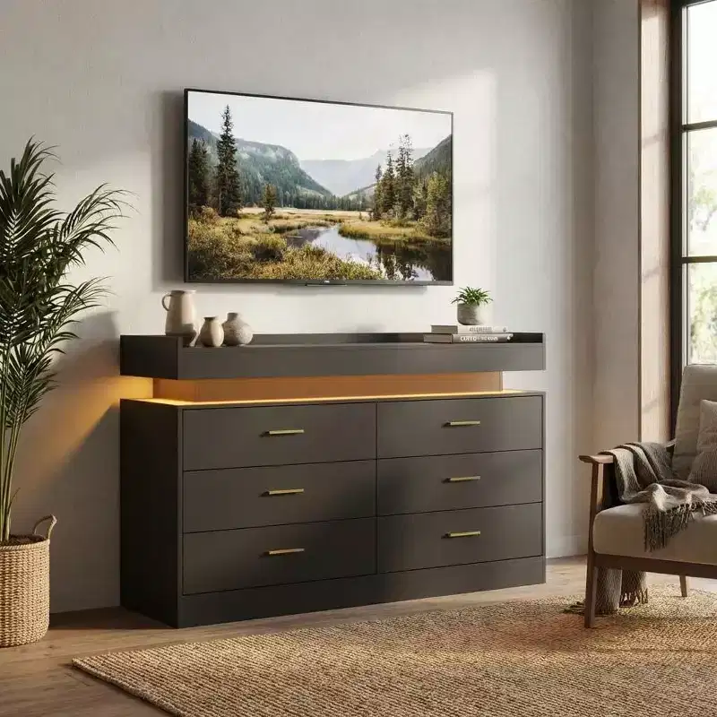 TV Stand Cabinet, Coffee Bar Cabinet Floating Countertop, Modern Sideboard Buffet 6 Drawers for Home, Living Room