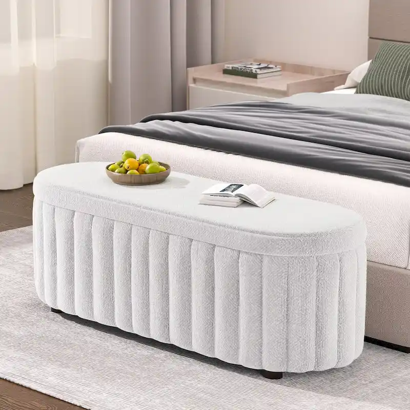 Grey/White Linen Upholstered Storage Ottoman Bench, 2-3 Person