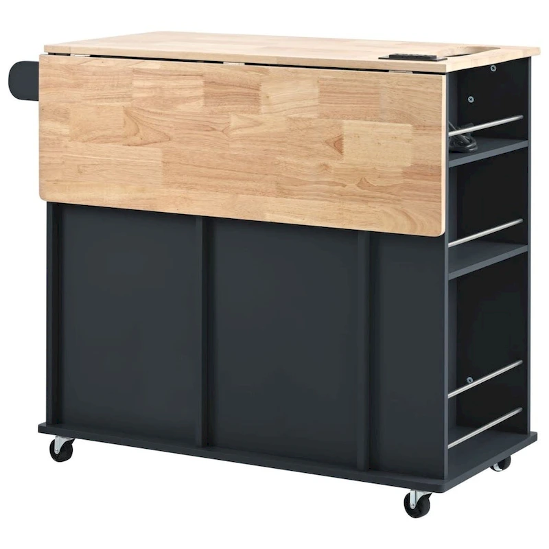 Kitchen Island with Power Outlet Kitchen Storage Island with Drop Leaf and Rubber Wood Open Storage and Wine Rack 5 Wheels