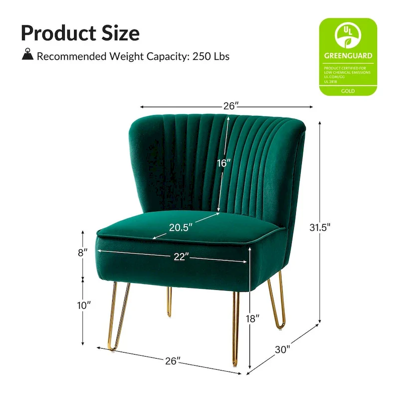 Velvet Tufted Accent Chair with Golden Metal Legs - Channel Back Design, High-Density Foam, 250 lbs Capacity, 26W x 30D x 31.5H