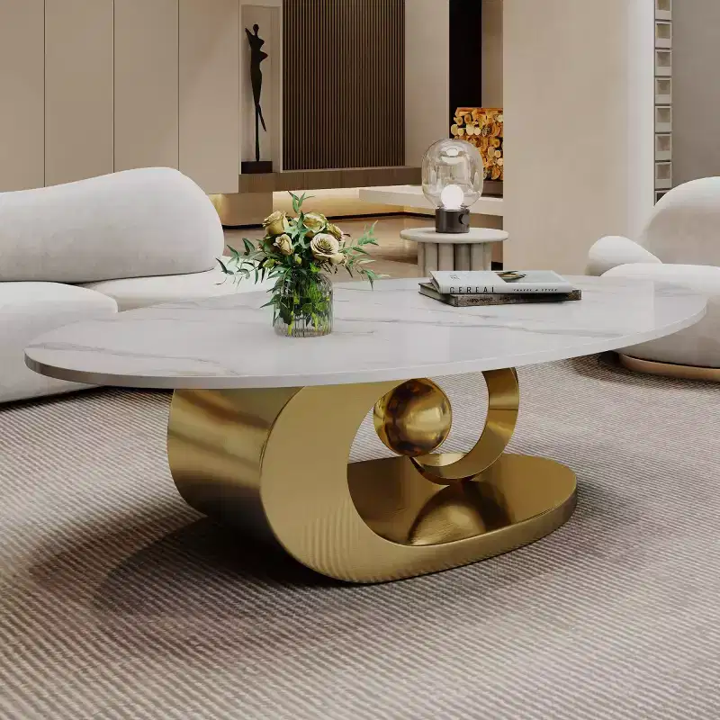 49 Oval Coffee Table, Faux Marble Top with Stainless Steel Base, Contemporary Center Table for Living Room-Panipeachy
