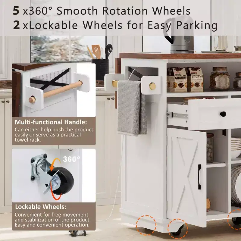 46.5 Farmhouse Kitchen Island with Power Outlet & Beaded Drape - Rolling Cart with Drop Leaf, 3 Drawers & Locking Wheels