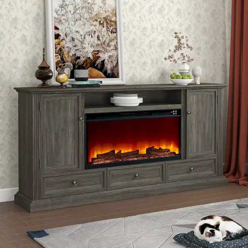 Farmhouse 72 in. TV Stand with Fireplace - 73W x 35H x 14D in.