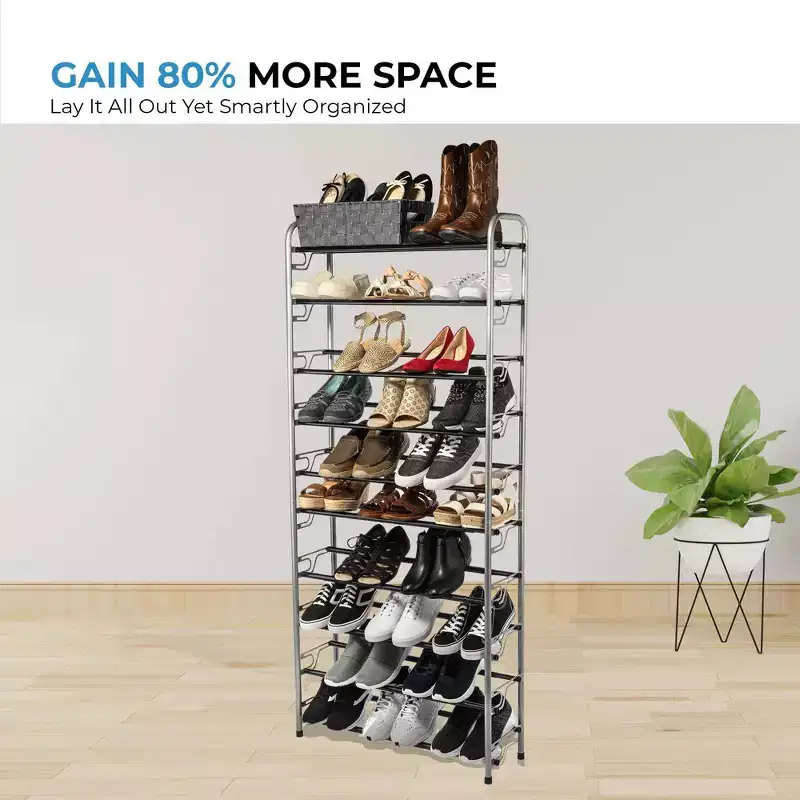 USTECH 10 Tier Shoe Rack Silver with Black Rough Bars