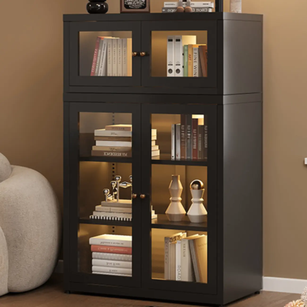 Stylish 4-Tier Metal Glass White Bookcase with Doors