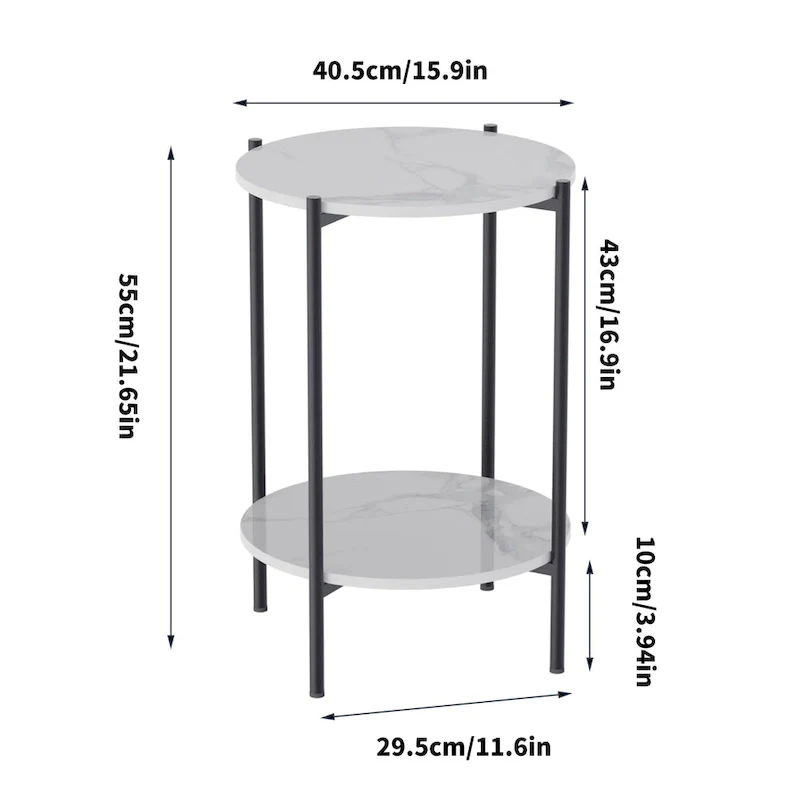 2-Tier Round Marble Side Table with Black Metal Frame