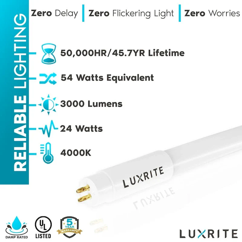 Luxrite 4FT T5 LED Tube Lights, 24W=54W, 45.78 , Ballast and Ballast Bypass Compatible, Damp Rated 4 Pack - N/A