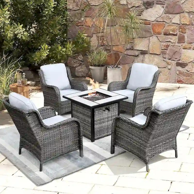 OVIOS 5-piece Patio Wicker Chairs Set with 30 Fire Table