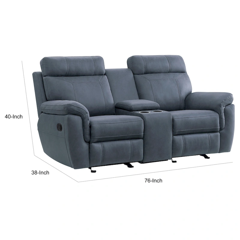 Clif 76 Inch Manual Glider Reclining Loveseat, Solid Wood, Blue Microfiber