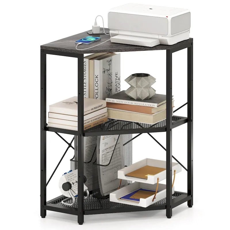 Corner Printer Stand with Charging Station – Black, 20x20x31 in, 70 lbs Tabletop Capacity