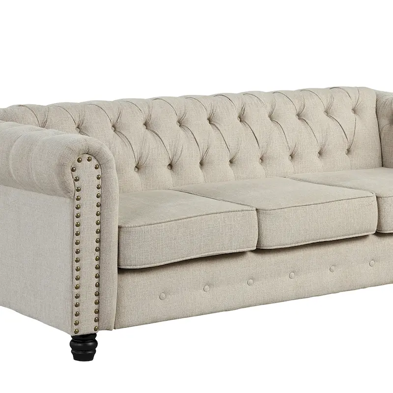Linen Chesterfield Sofa with Button Tufted, Nailhead and Solid Wood Legs