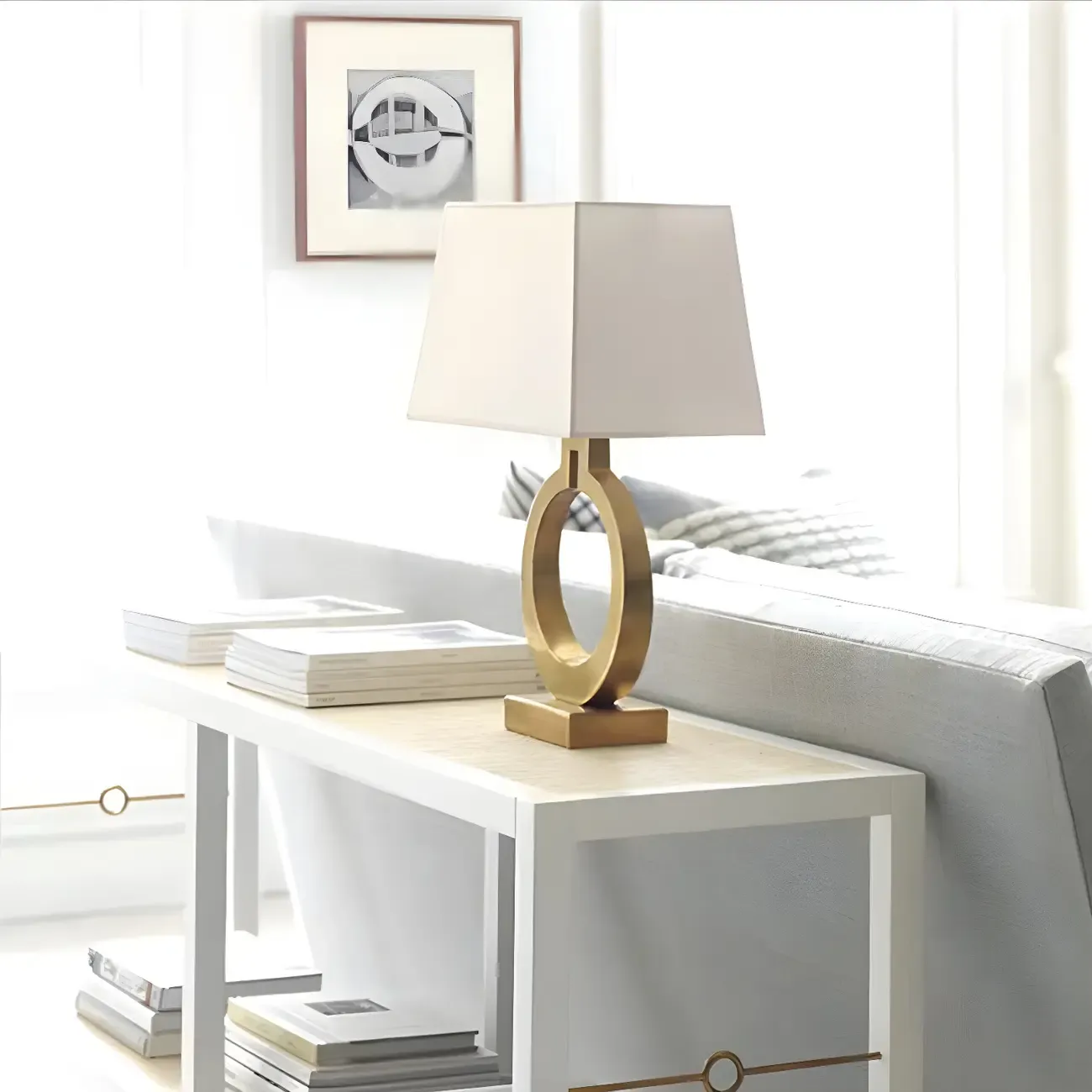 Gold Ring LED Table Lamp Square Base & Rectangle Shade