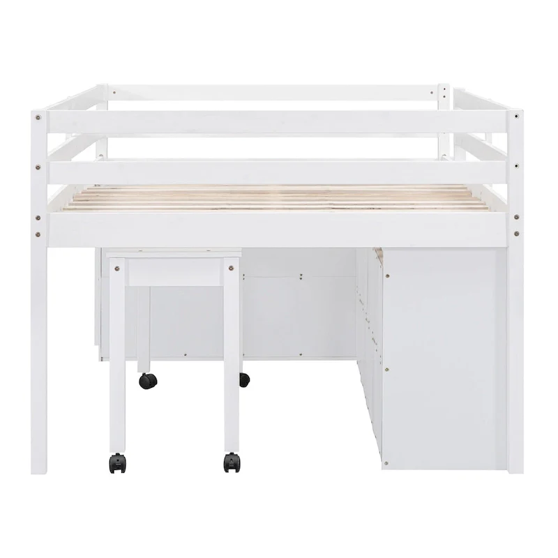 White/Gray Full Size Loft Bed with Retractable Desk & 4 Drawers, 1-Person