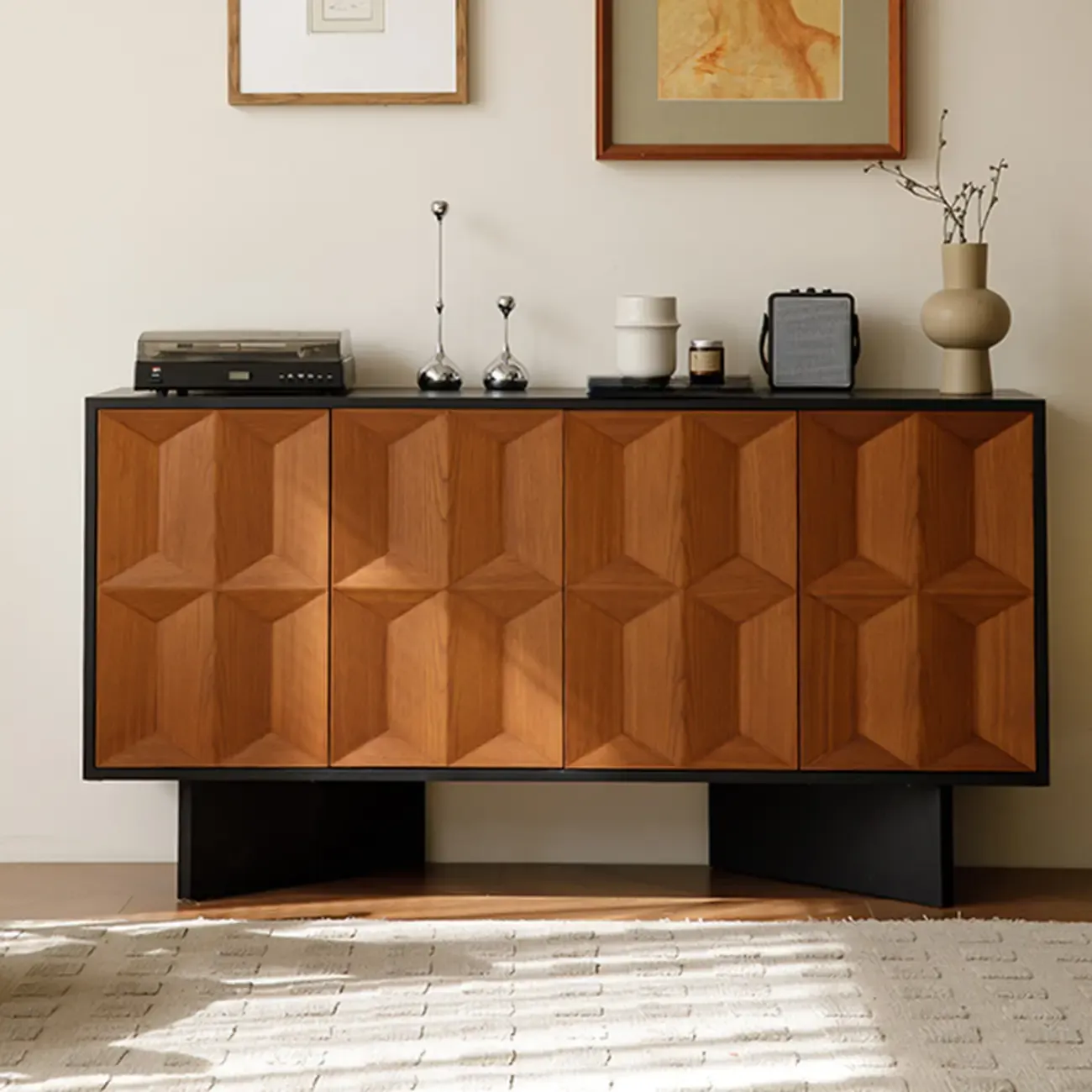 Mid-Century Modern Wood Storage Cabinet with 4 Doors