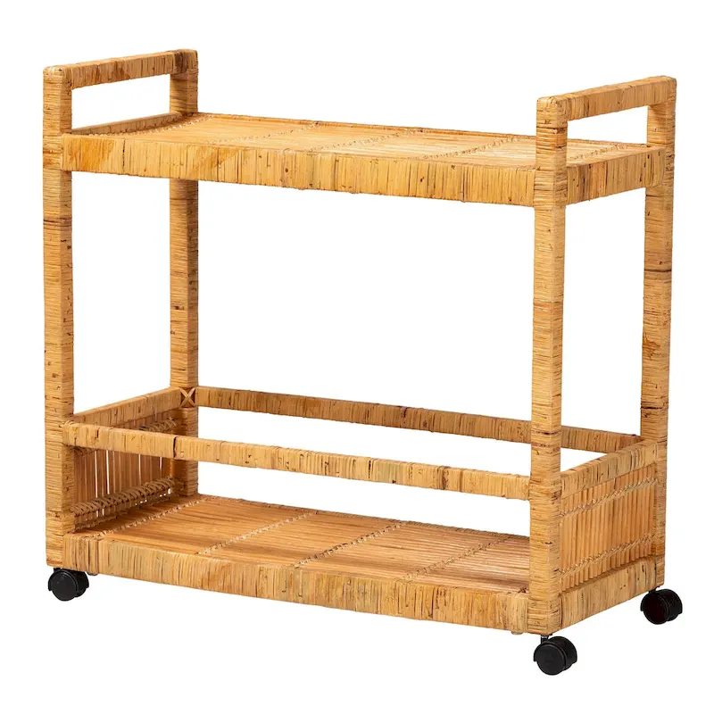 Genet Modern Bohemian Natural Brown Rattan and Teak Wood 2-Tier Kitchen Cart