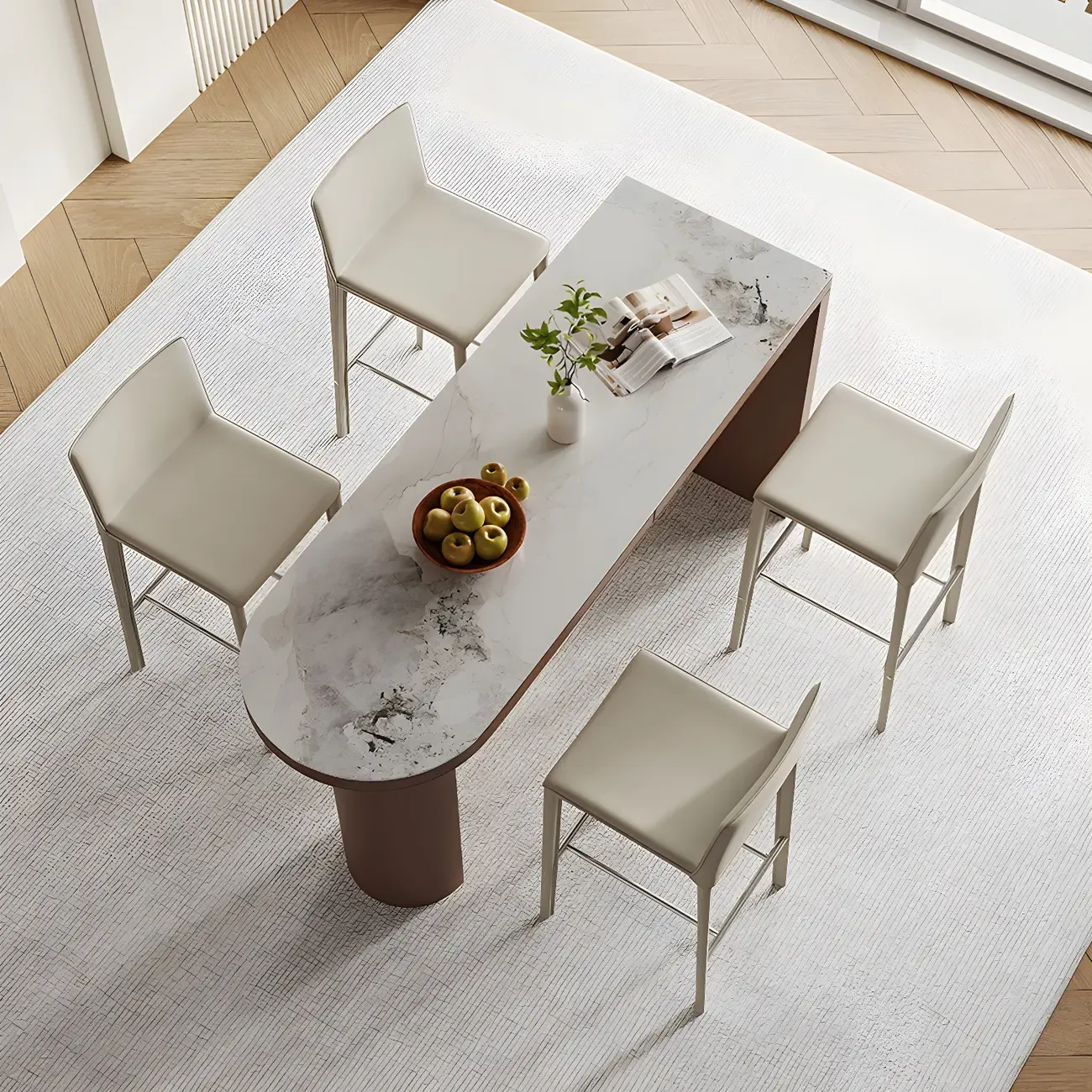 Modern White Stone Brown Wood Dual Pedestal Bar Tables