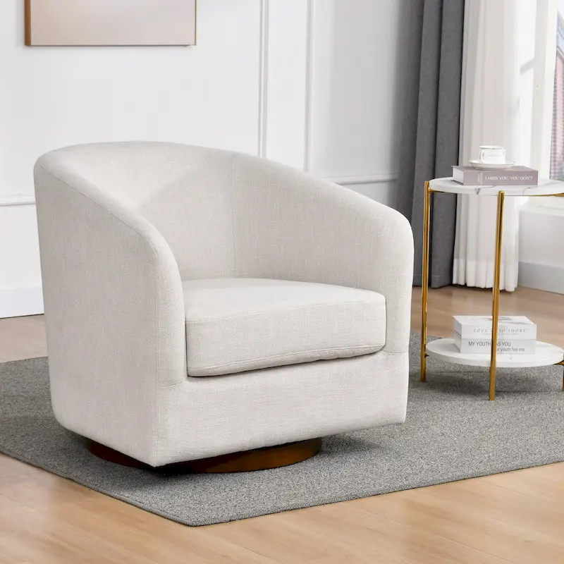 Cream Linen Swivel Barrel Accent Chair, Single