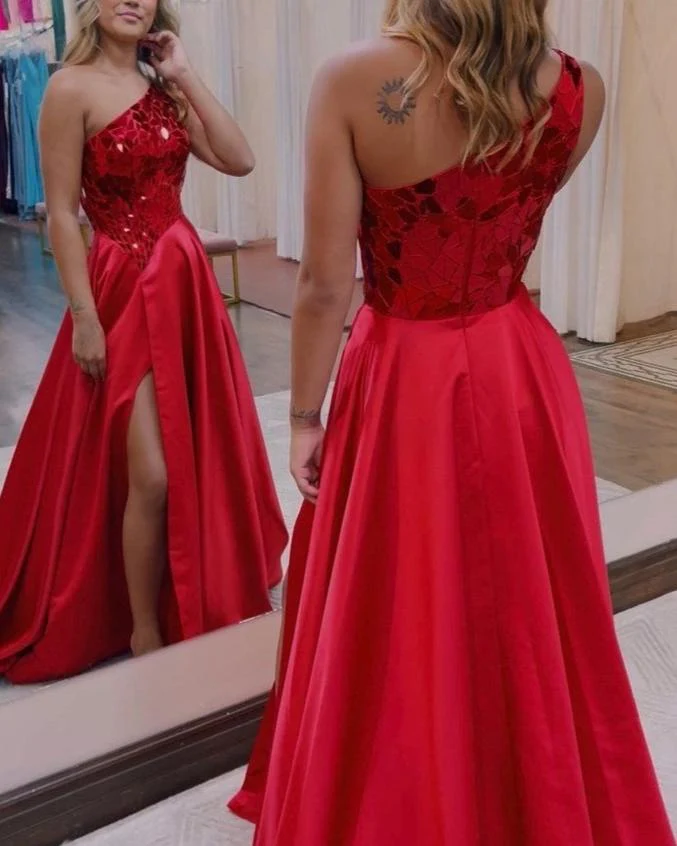 A Line One Shoulder Sequins Long Prom Dress with Slit