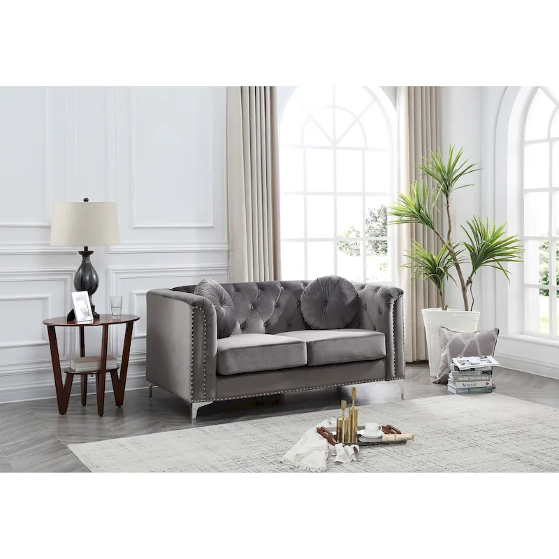 Velvet Button-Tufted 2-Seat Loveseat – Grey / Navy Blue / Burgundy / Black / Pink / Green / Ivory