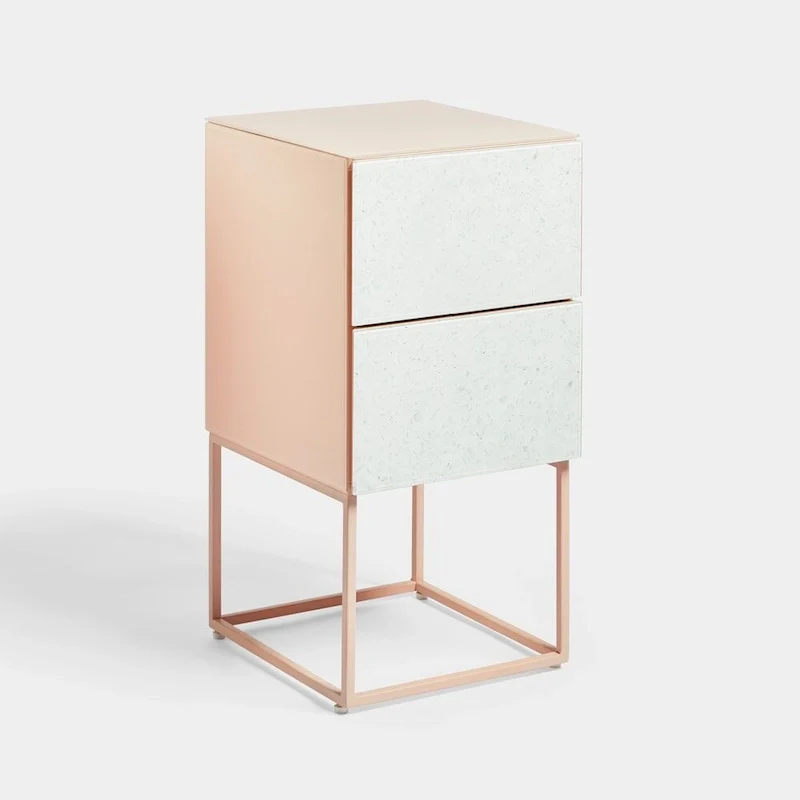 Marble Pattern Double Drawer Nightstand with Tempered Glass Top