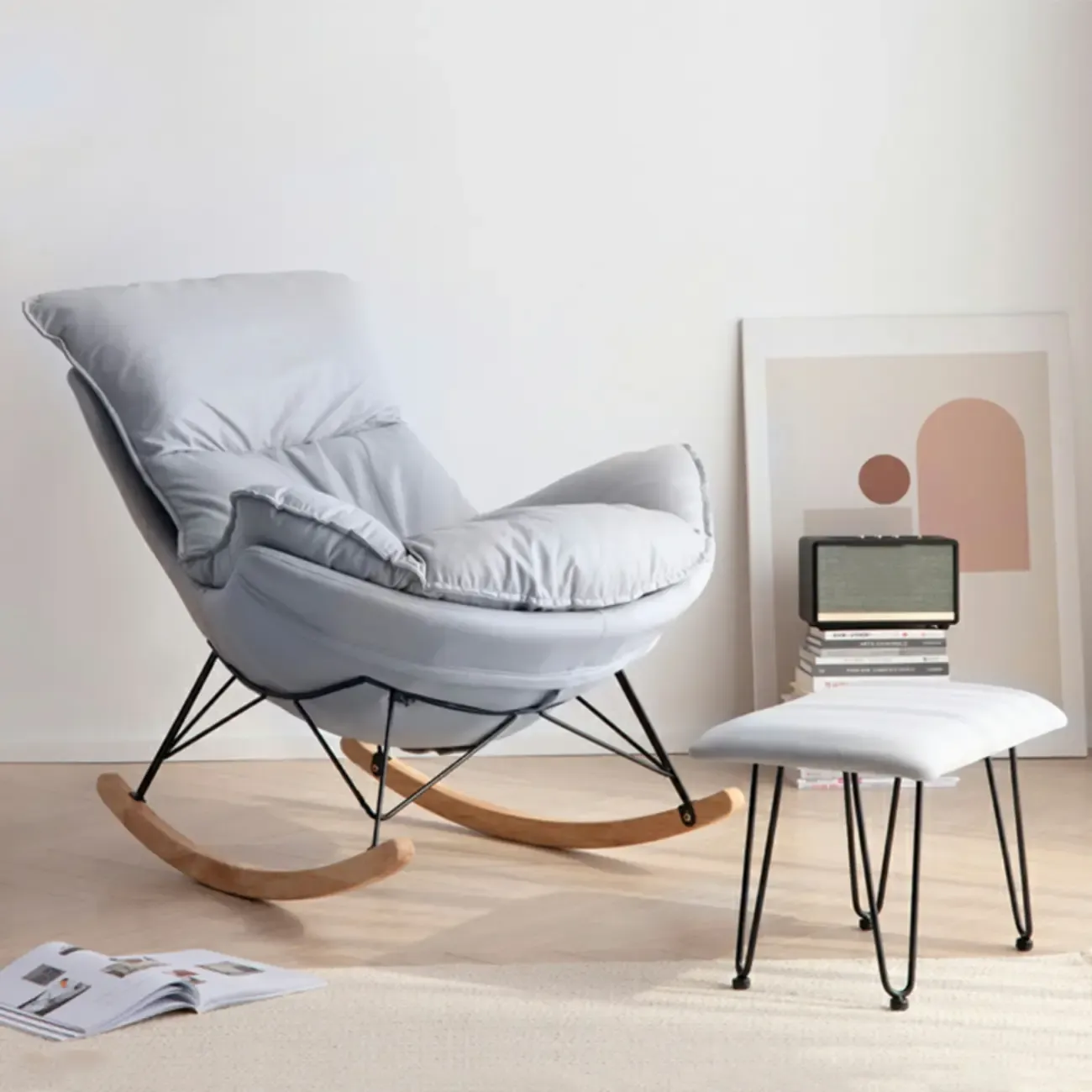 Mid Century Modern Upholstered Rocking Chair with Ottoman