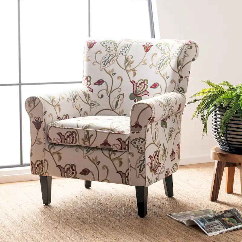 Roll Arm Club Chair with Printed Cotton-Linen Upholstery & Espresso Legs – Espresso / Beige Stripe / Red & White / Green / Beige Flower / Light Blue – 1-Seater