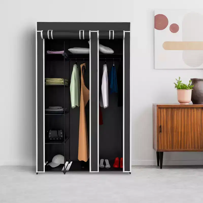 Portable Closet - Freestanding Covered Garment Rack Wardrobe with 5 Shelves for Hanging Clothes with Dust Cover and Metal Frame by Lavish Home (Black)