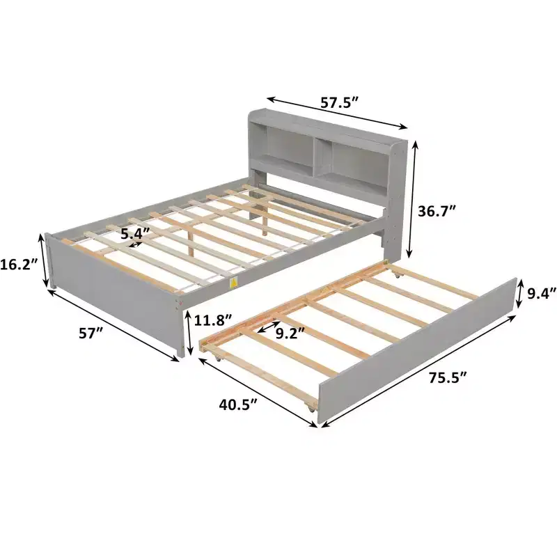 Gray Full Platform Bed with Trundle & Bookcase, 1-Person