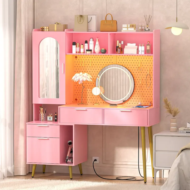 Makeup Vanity with Pegboard and Hutch, Bedroom Vanity Table with Charge Station and LED Light - N/A