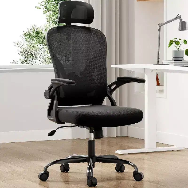 Okak Desk Chair with Wheels, Office Chair with Flip-Up Arms, Adjustable Headrest&Lumbar Support for Office, Study, Reading Room