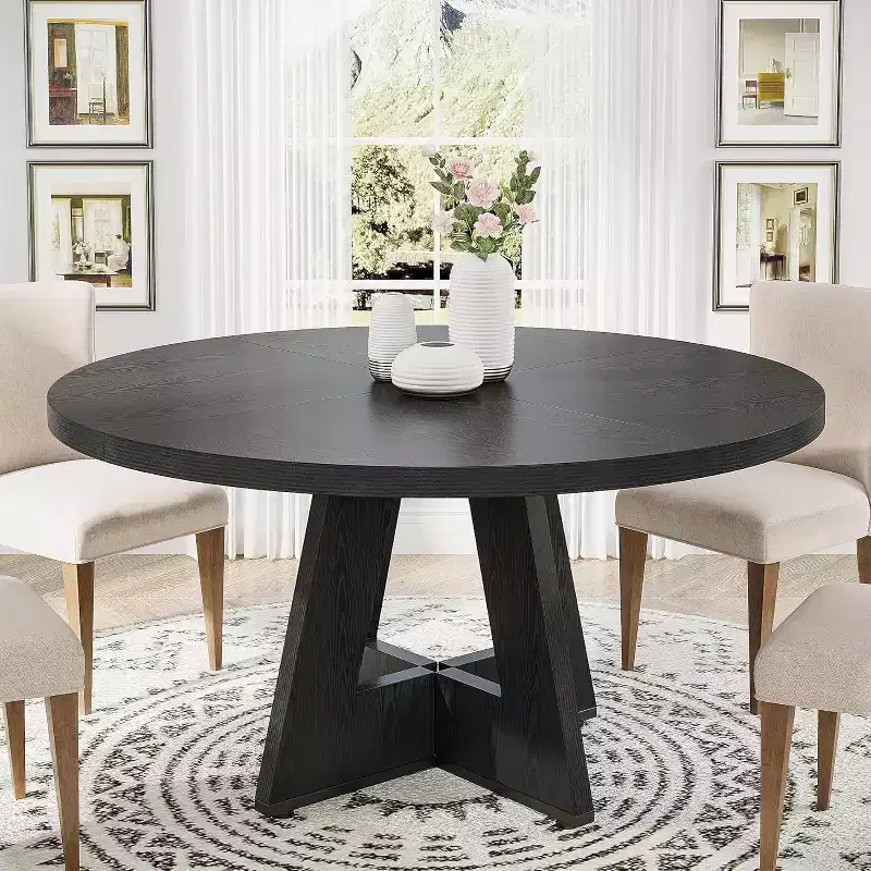 Okak Farmhouse Wood Large Round Dining Table with Cross Base,Wooden Kitchen Dinner Table for Dining Room,Breakfast Nook