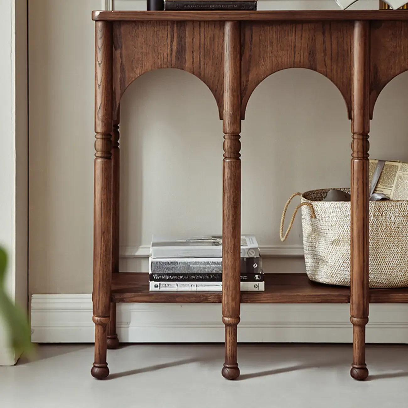 Rectangular Wood Brown Console Table with Shelves