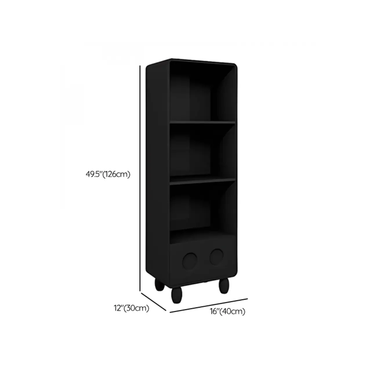 Narrow Black Wood 5-Tier Rolling Bookcase with Drawers