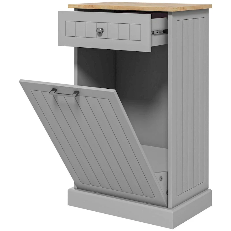 Grey MDF Tilt-Out Trash Cabinet with Drawer & Oak Top