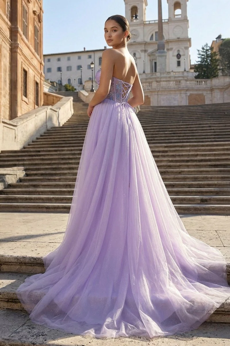 Lilac Strapless A Line Tulle Long Prom Dresses With Beading