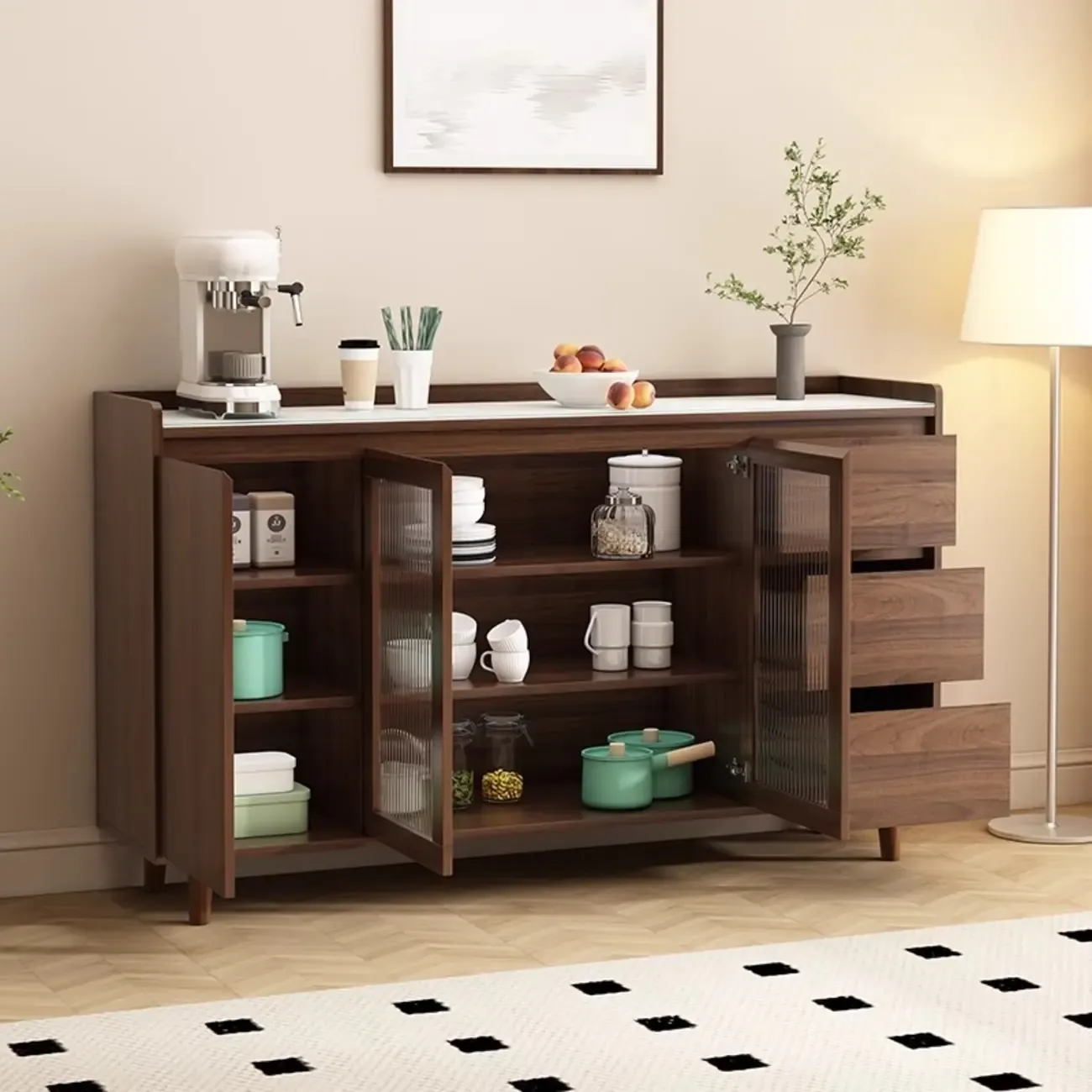 Modern Wood Sideboard with Glass Countertop