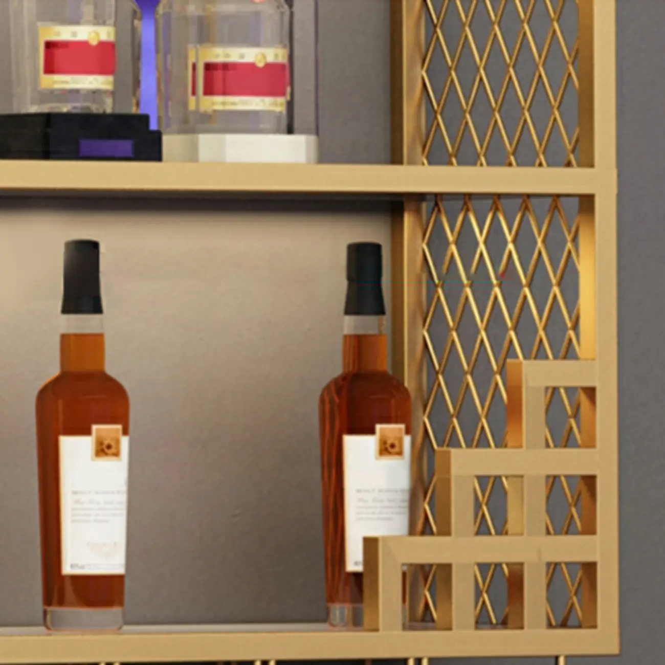 Multi-Shelf Gold Metal Wall-Mounted Wine & Glass Rack