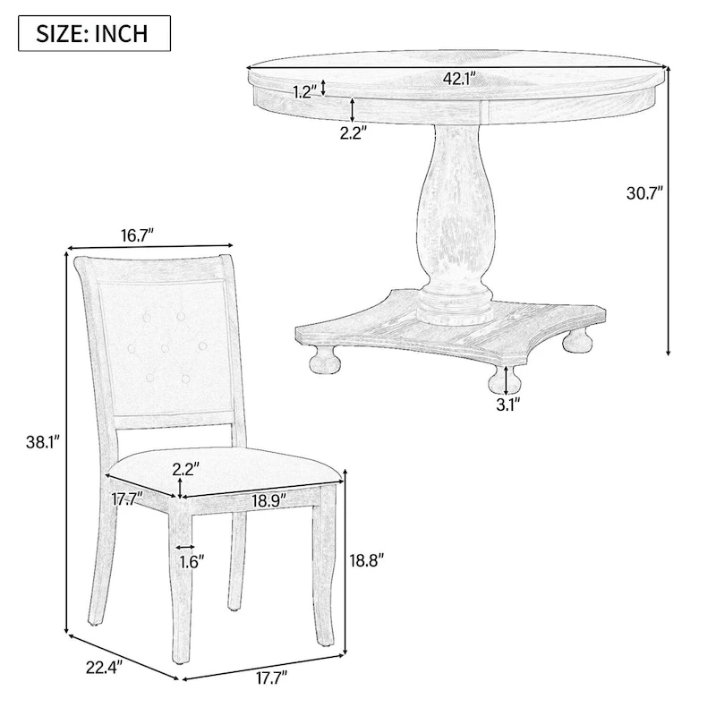 5 Piece Dining Table Set, Solid Wood Kitchen Dining Room Table Set with Round Dining Table and 4 Upholstered Chairs