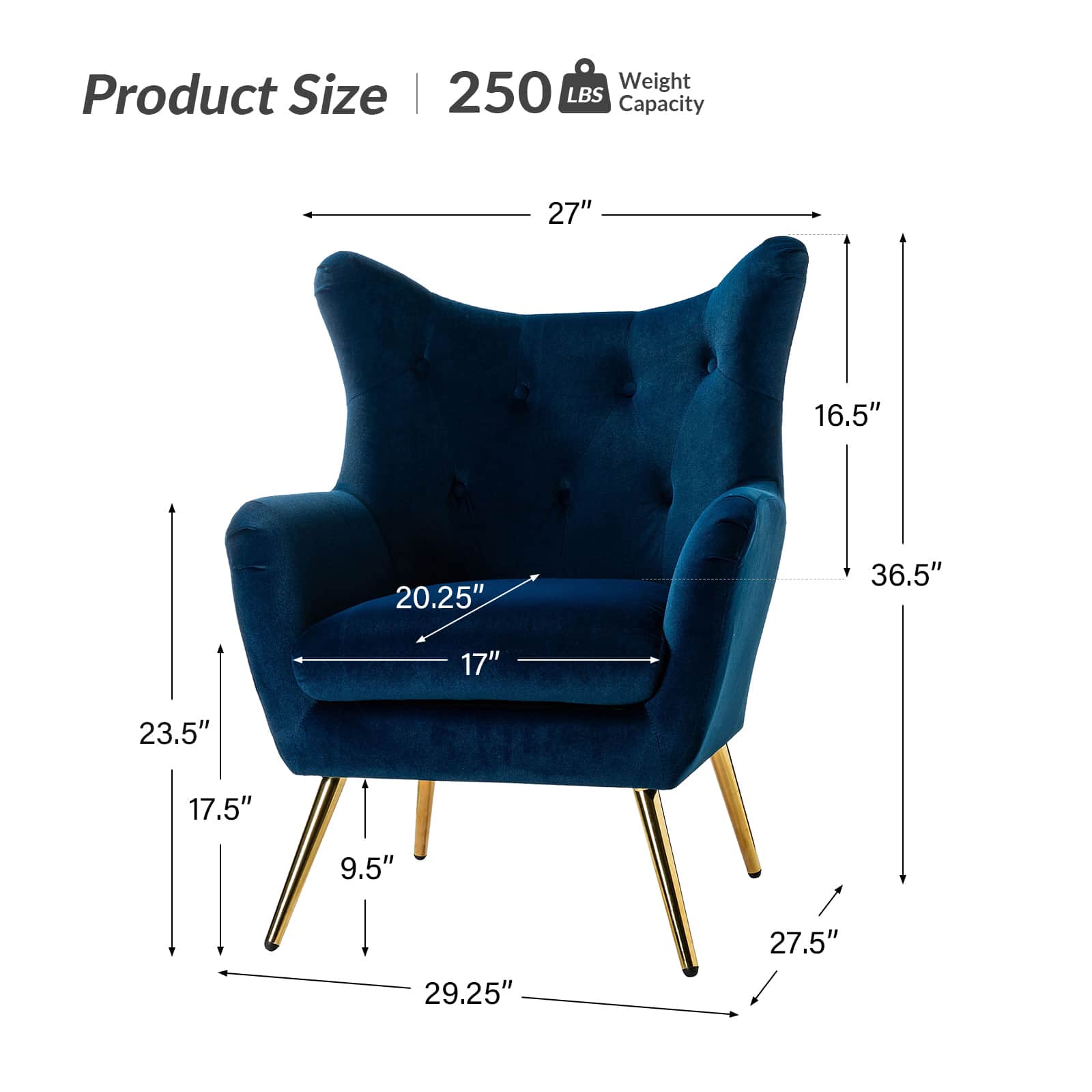 Velvet Wingback Button-Tufted Armchair with Flared Arms, Foam Fill & Gold Metal Legs | Navy / Orange / Mustard / Teal / Black / Ivory / Green / Tan / Sage / Blue / Fuchsia | Single Seat